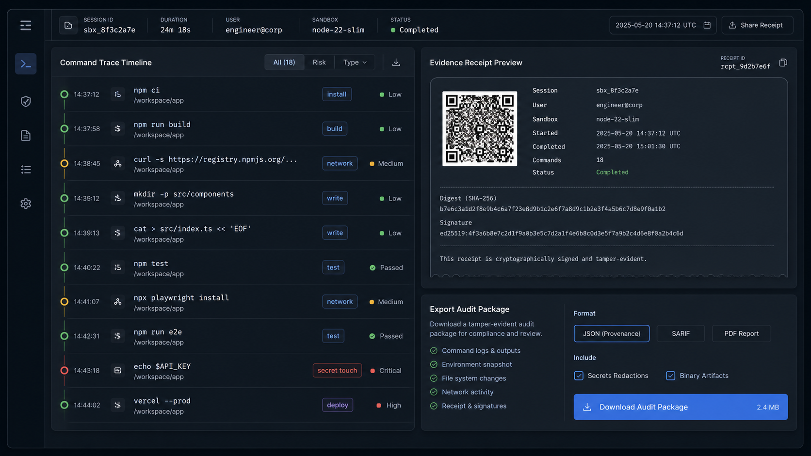 SandboxReceipt AI dashboard with terminal trace timeline, risk chips, receipt preview, and audit export panel
